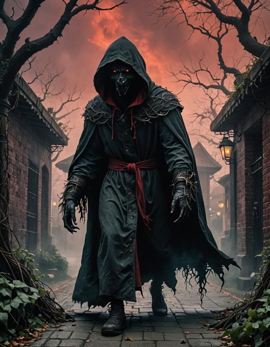 Eerie Cloaked Figure in Red Sky: Detailed Ink Drawing