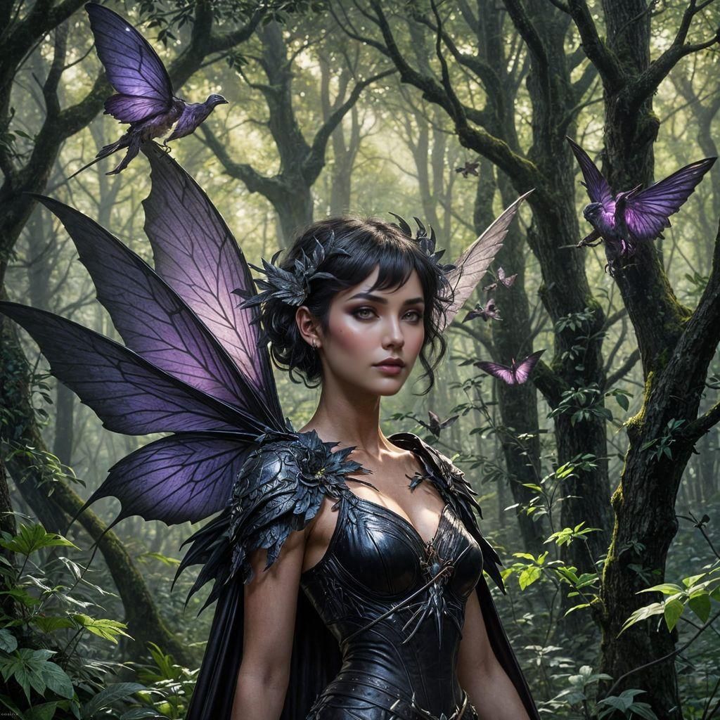 Dark Fairy in Forest, Hyperdetailed Digital Art