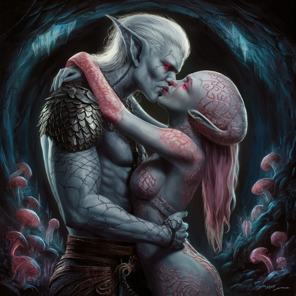 Drow Elves Embrace in Dark Underground Tunnel