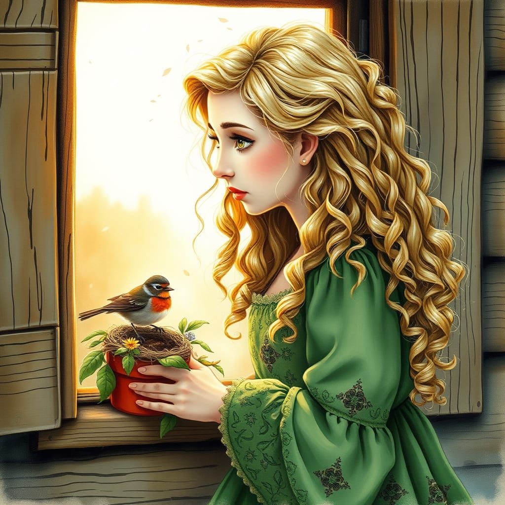 Dreamy Lady Gazing Out at Whimsical Cottage Scene