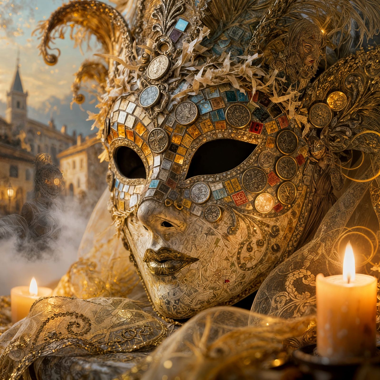 Venetian Mask of Commerce Glowing in Candlelight