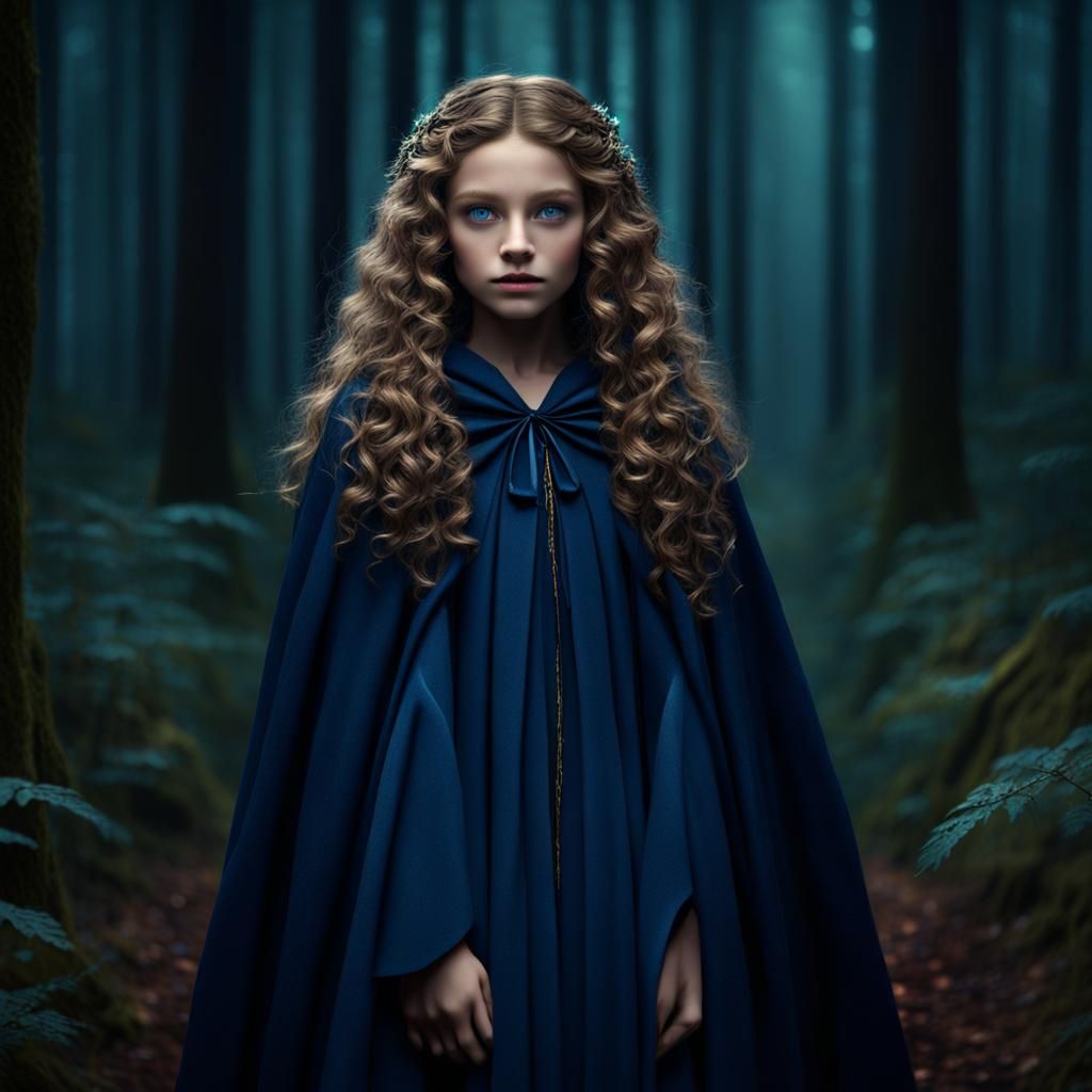 Girl With Dark Blond Hair in Forest at Night