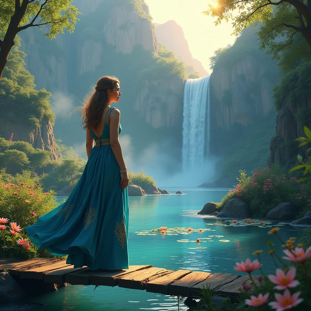Woman on Bridge with Waterfall, Digital Art
