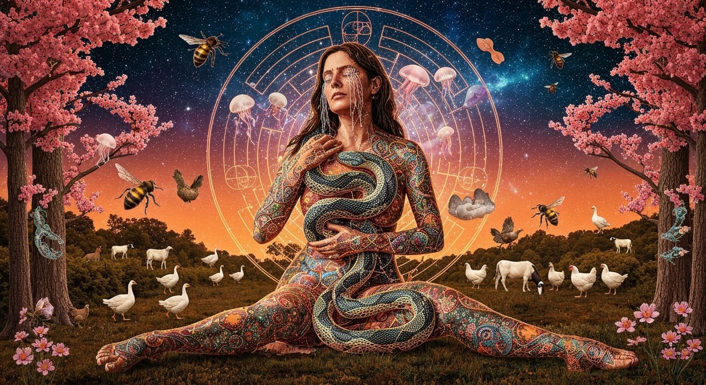 Surreal Bio-Art Woman in Forest Trance with Cosmic Elements