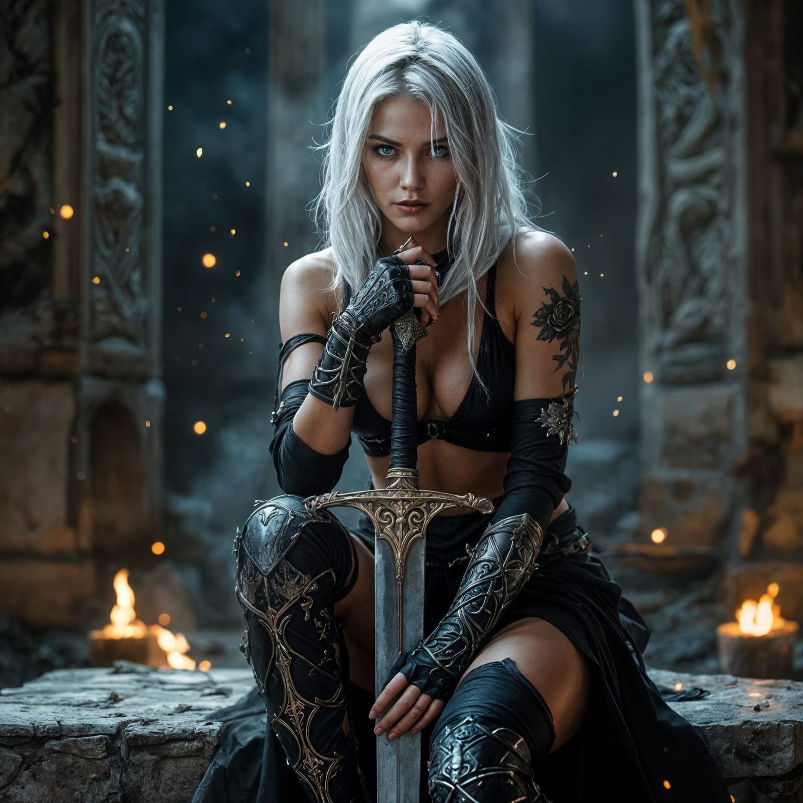 Silver-Haired Warrior on Ruined Temple Altar in Dark Fantasy...