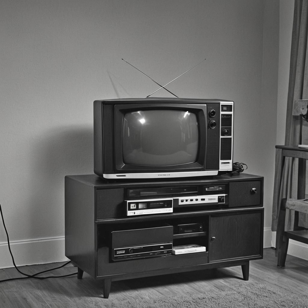 Vintage VHS Player Under Black and White TV