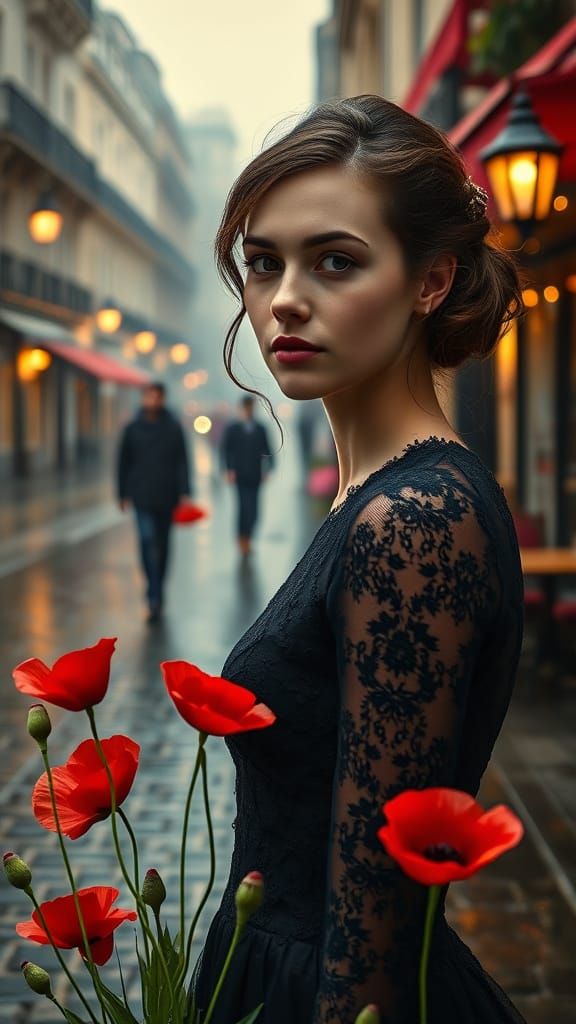 Elegant Woman in Parisian Night, with Poppies and Vintage La...