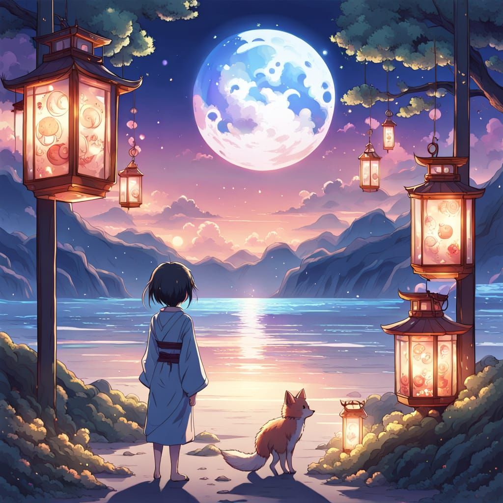 Magical Anime: Moonlit Beach with Fox Spirits