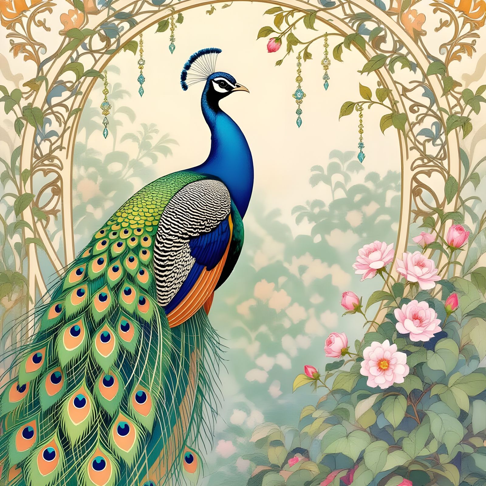Majestic Peacock in Serene Garden, Art Nouveau Watercolor