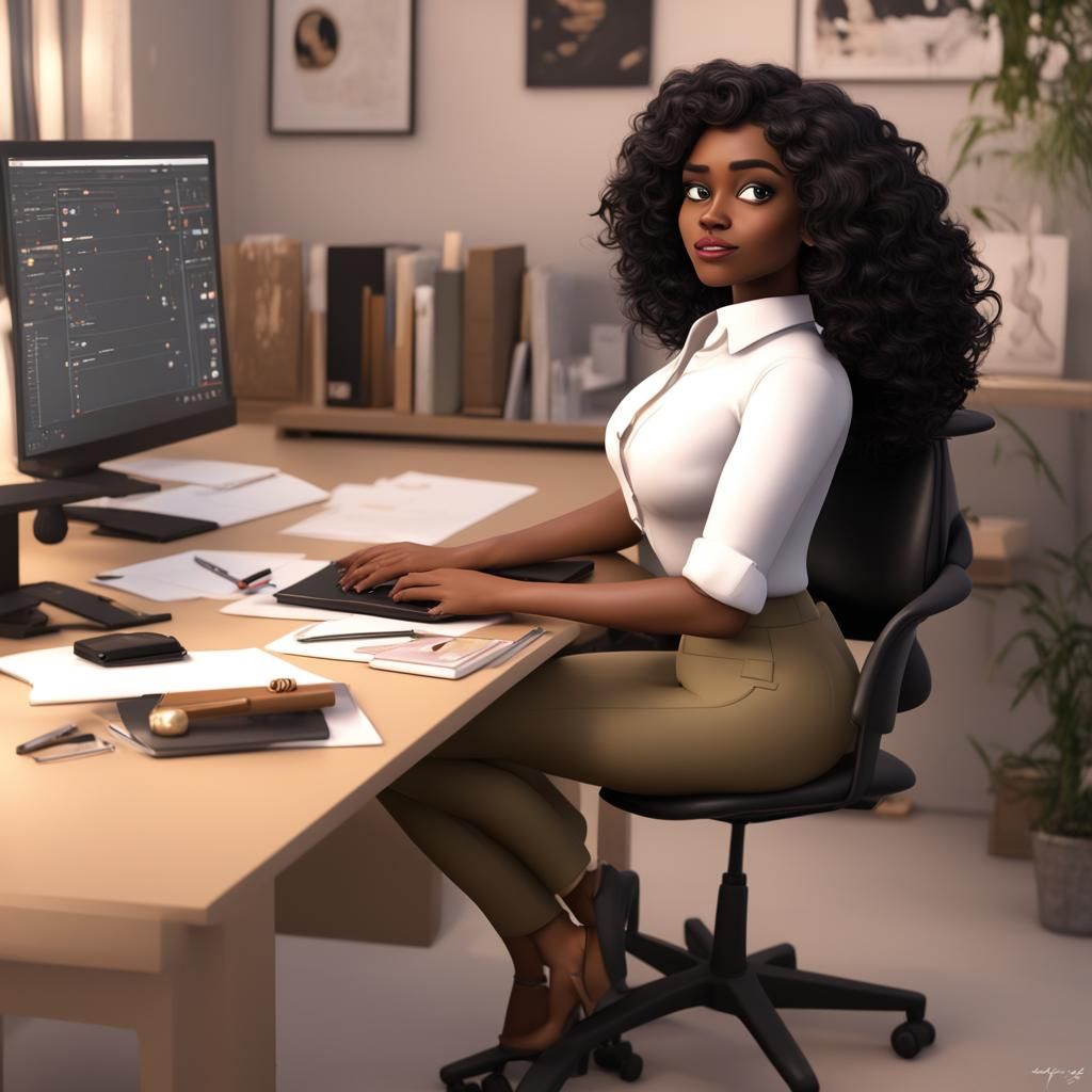 Woman at Desk in 3D Digital Art Style