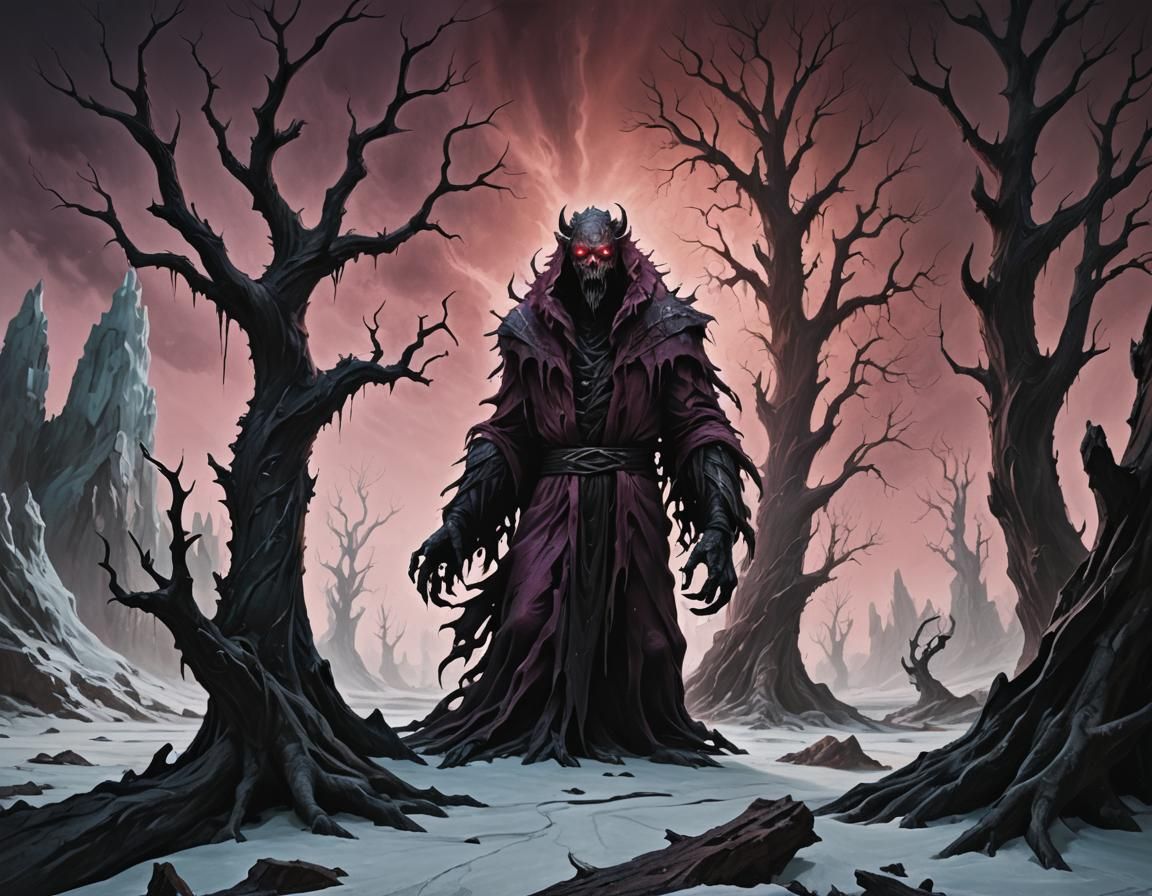 Tormented Figure in Dark Fantasy Landscape