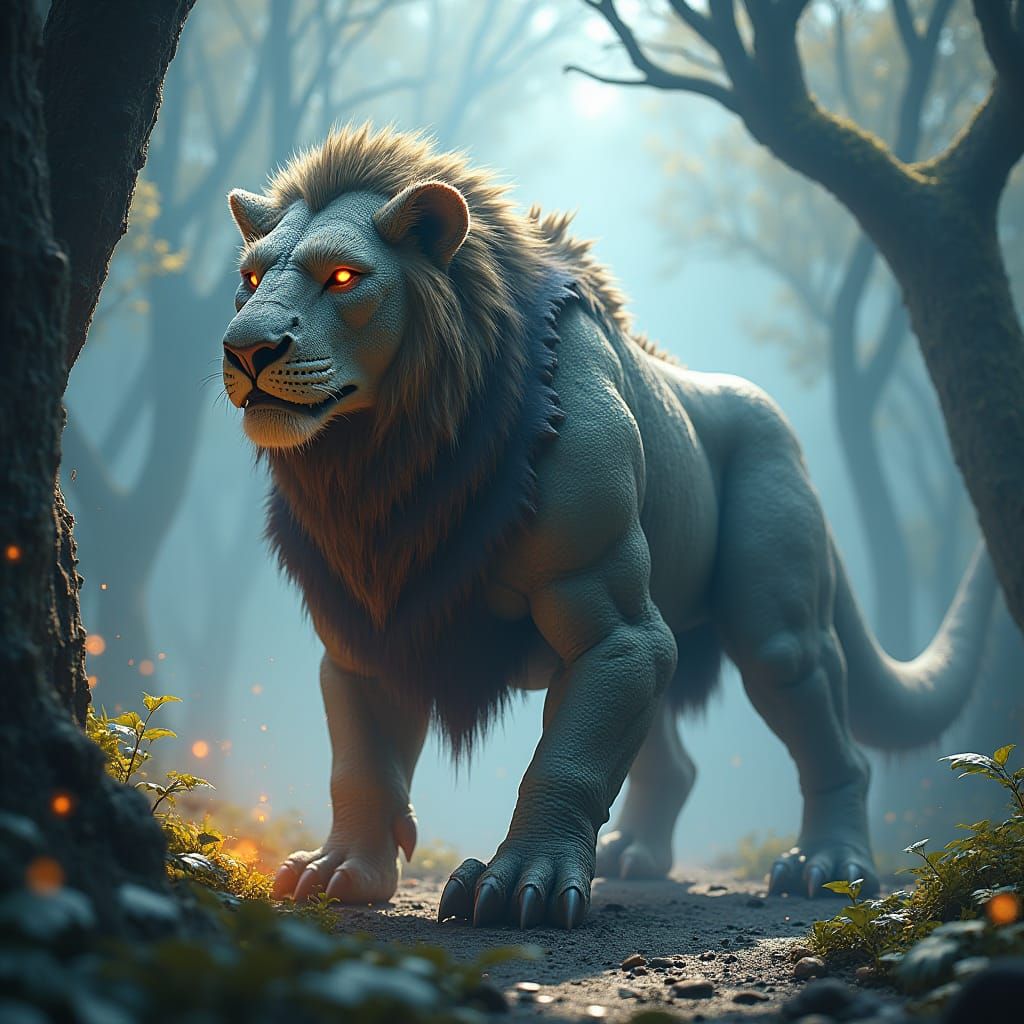 Armored Dinosaur-Lion Hybrid in Dreamlike Forest