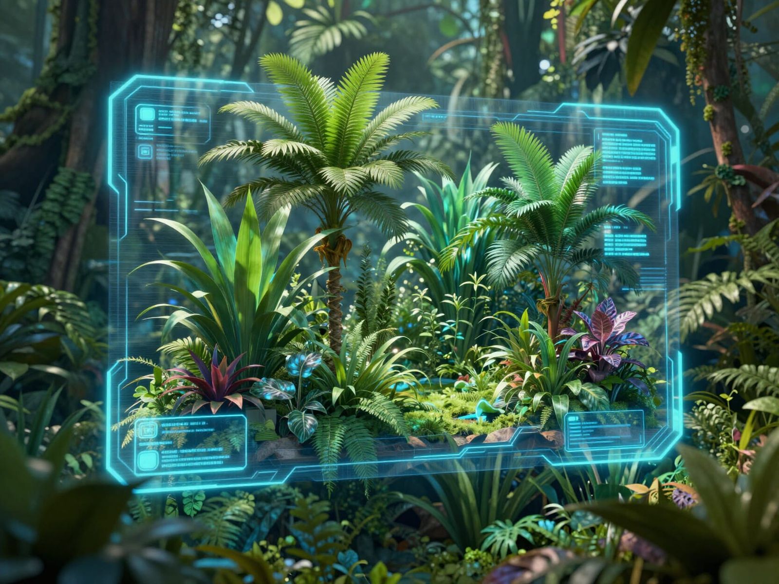 Futuristic Holographic Jungle Display in Cyberpunk Style