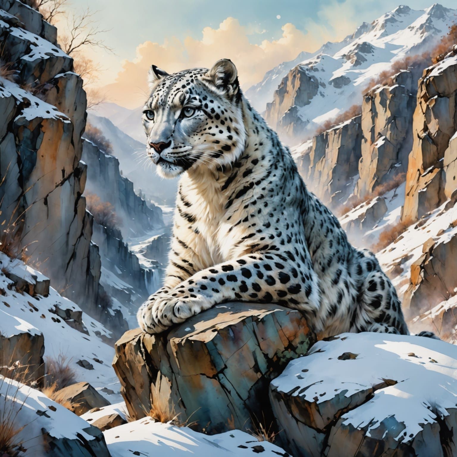 Snow Leopard Over Ravine Watercolor Painting