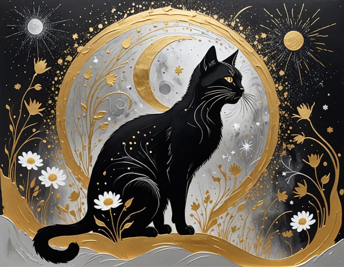 Abstract Cat Silhouette with Moon Rays