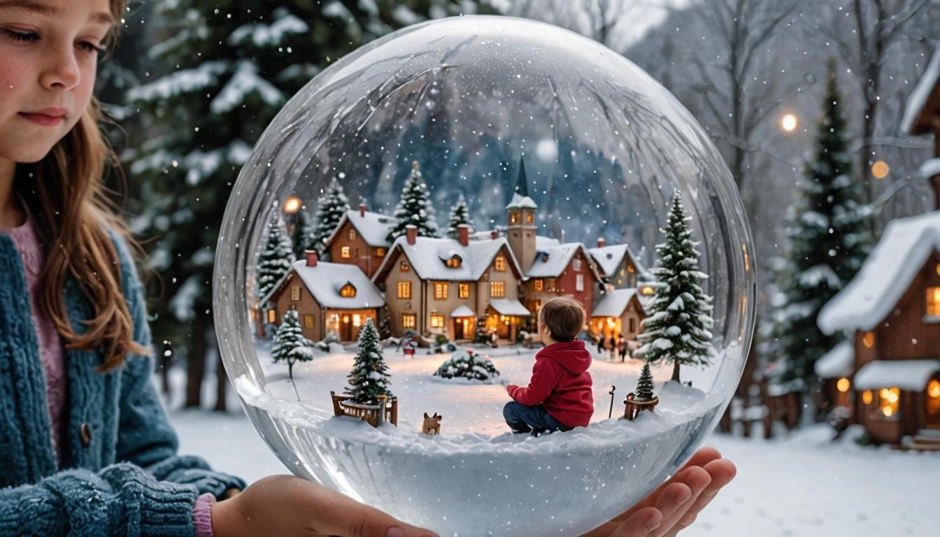 Child Gazing in Wonder at Crystal Snow Globe