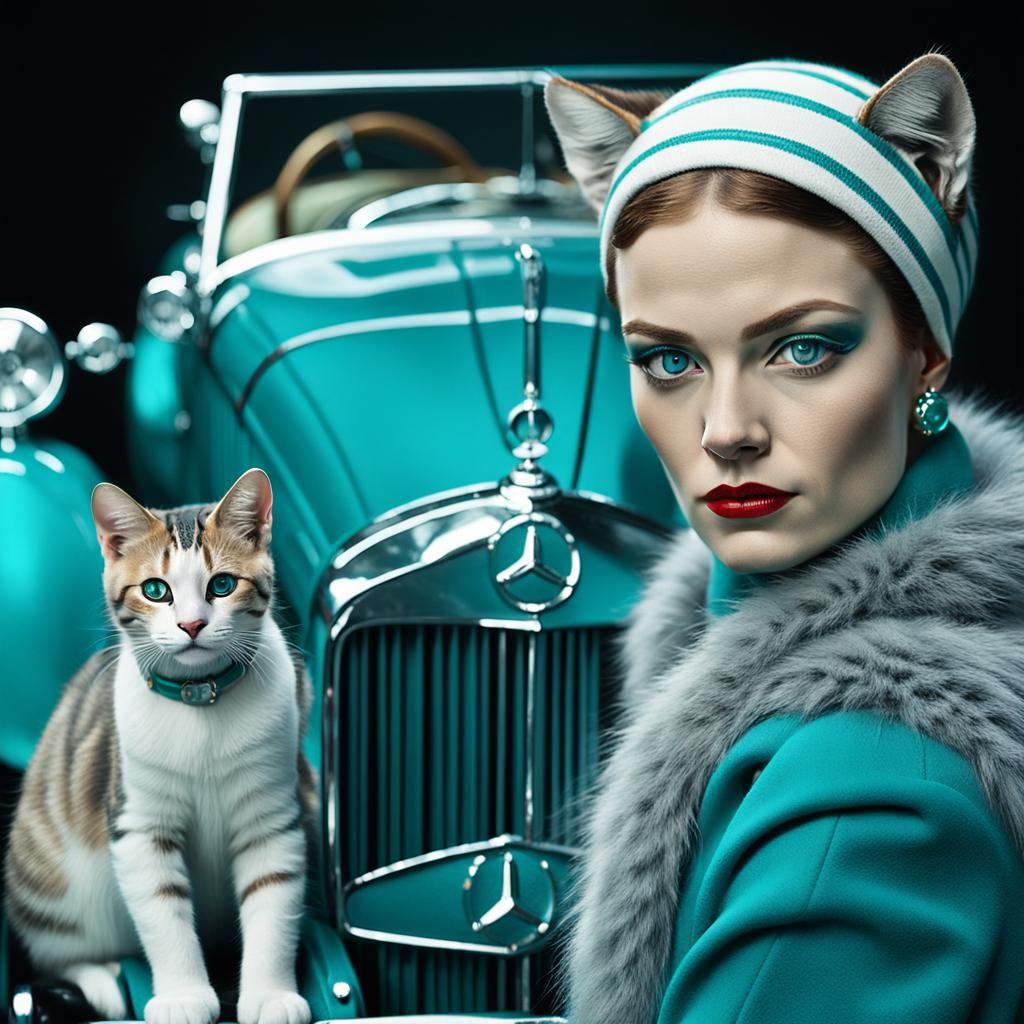 Felinoid Woman with Teal Car in Dreamlike Setting