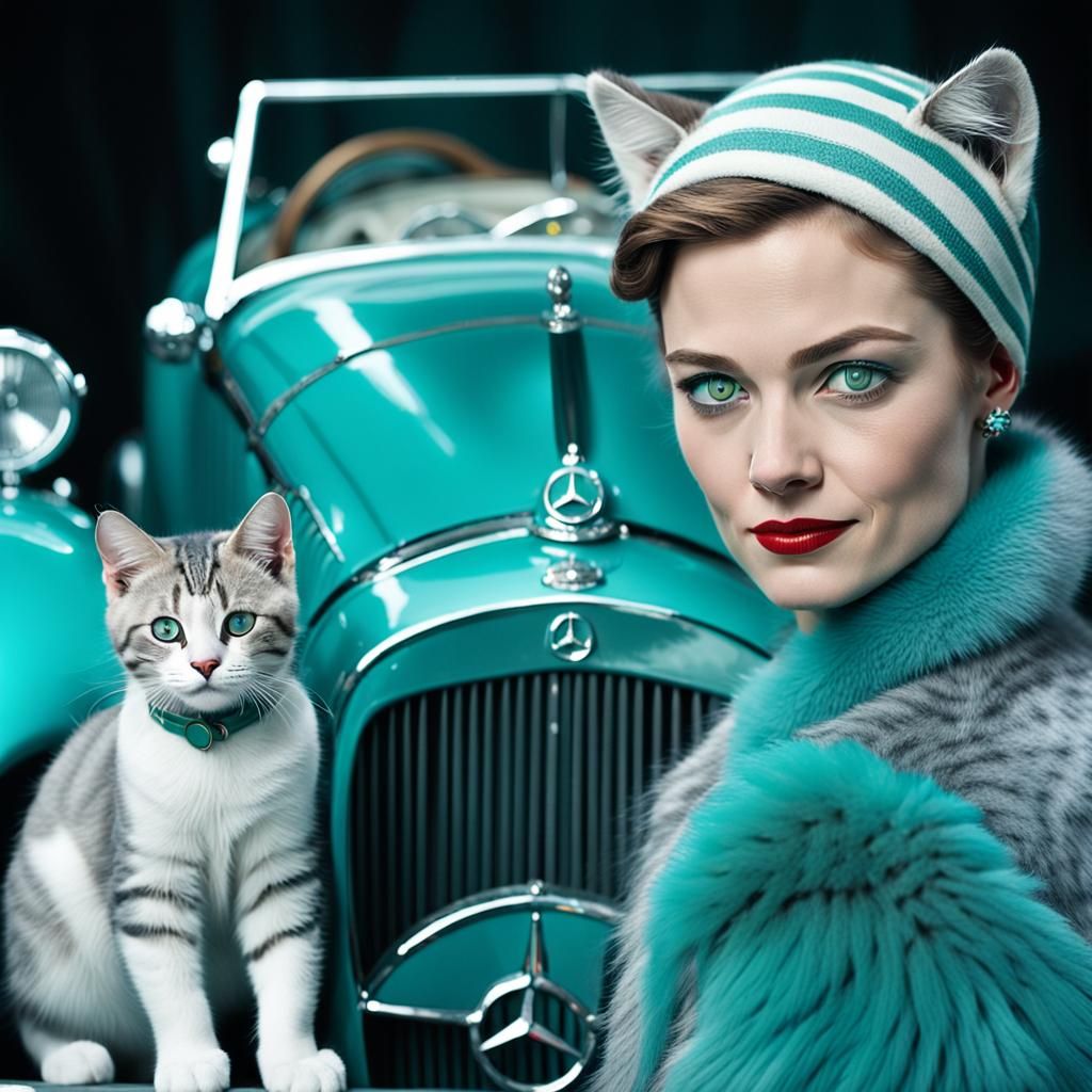Felinoid Woman with Vintage Mercedes, Art Deco Style