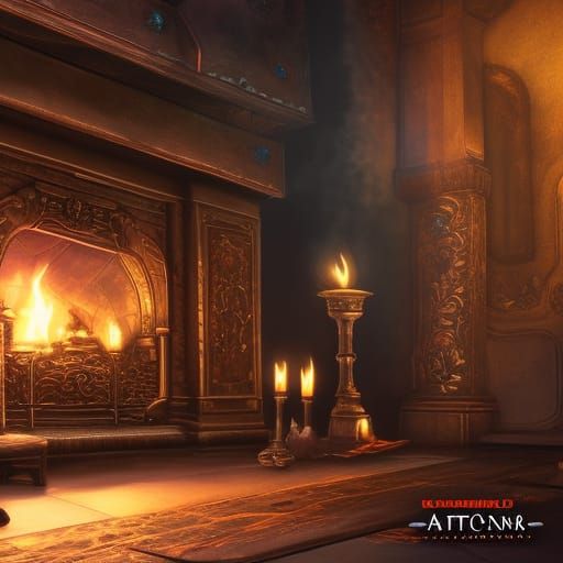 Detailed Fireplace Matte Painting in Fantasy Concept Art