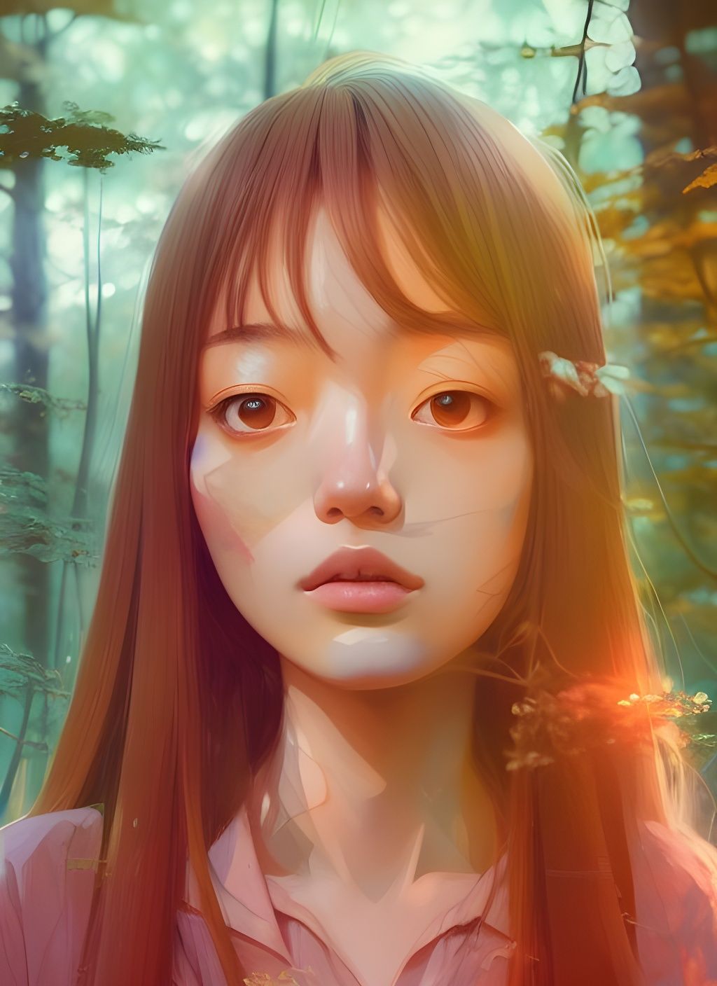 Beautiful Girl in Forest Sunlight: Digital Illustration