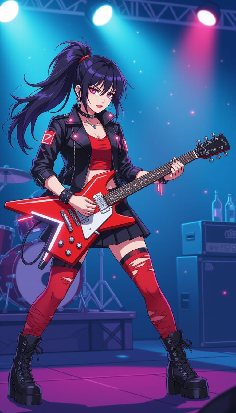 Fierce J-Metal Idol on Stage in 80's Cartoon Style