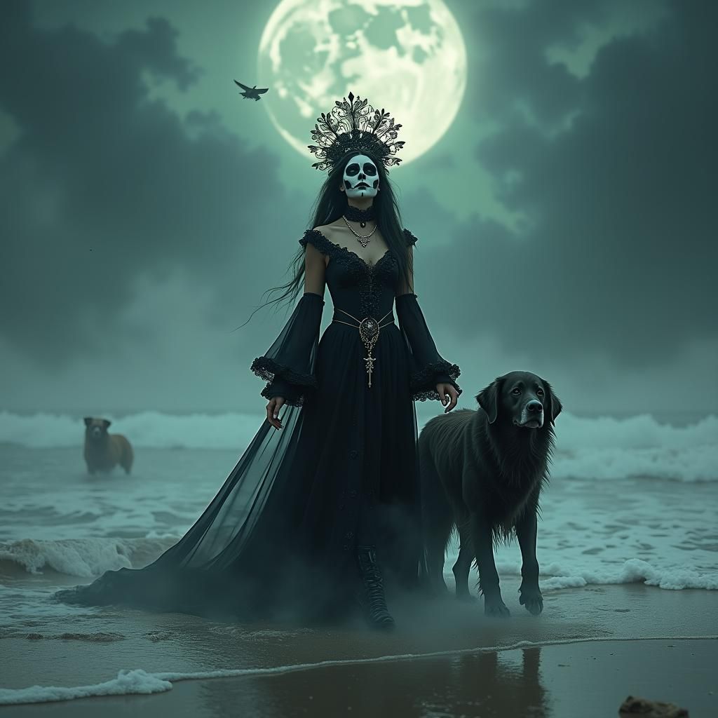 Gothic Day of the Dead Goddess in Tempestuous Sea
