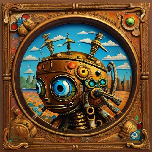 Kalamkari Art: Cute Robots in Surreal Melting Style