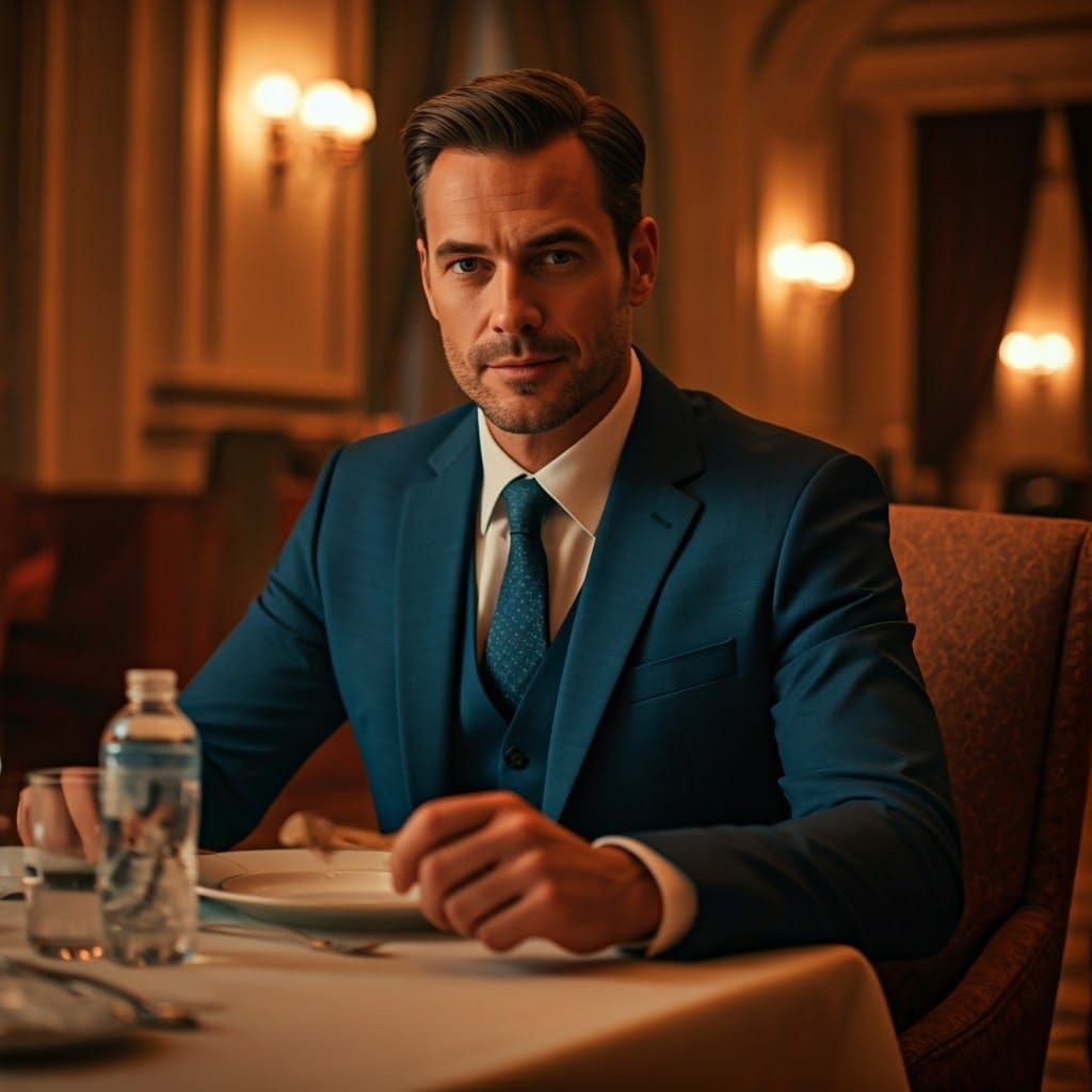 Cinematic Hotel Scene: Debonair Man at Dinner