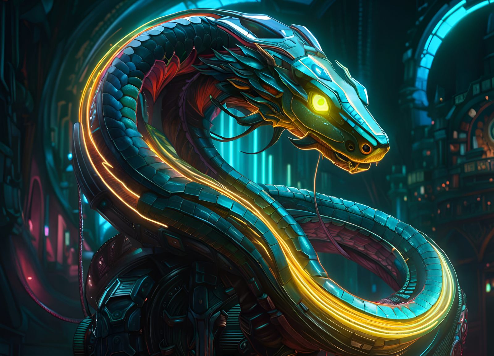 Cyberpunk Robot Snake in Neon Glow