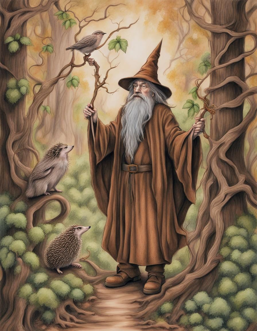 Wizard in Brown, Colored Charcoal Drawing
