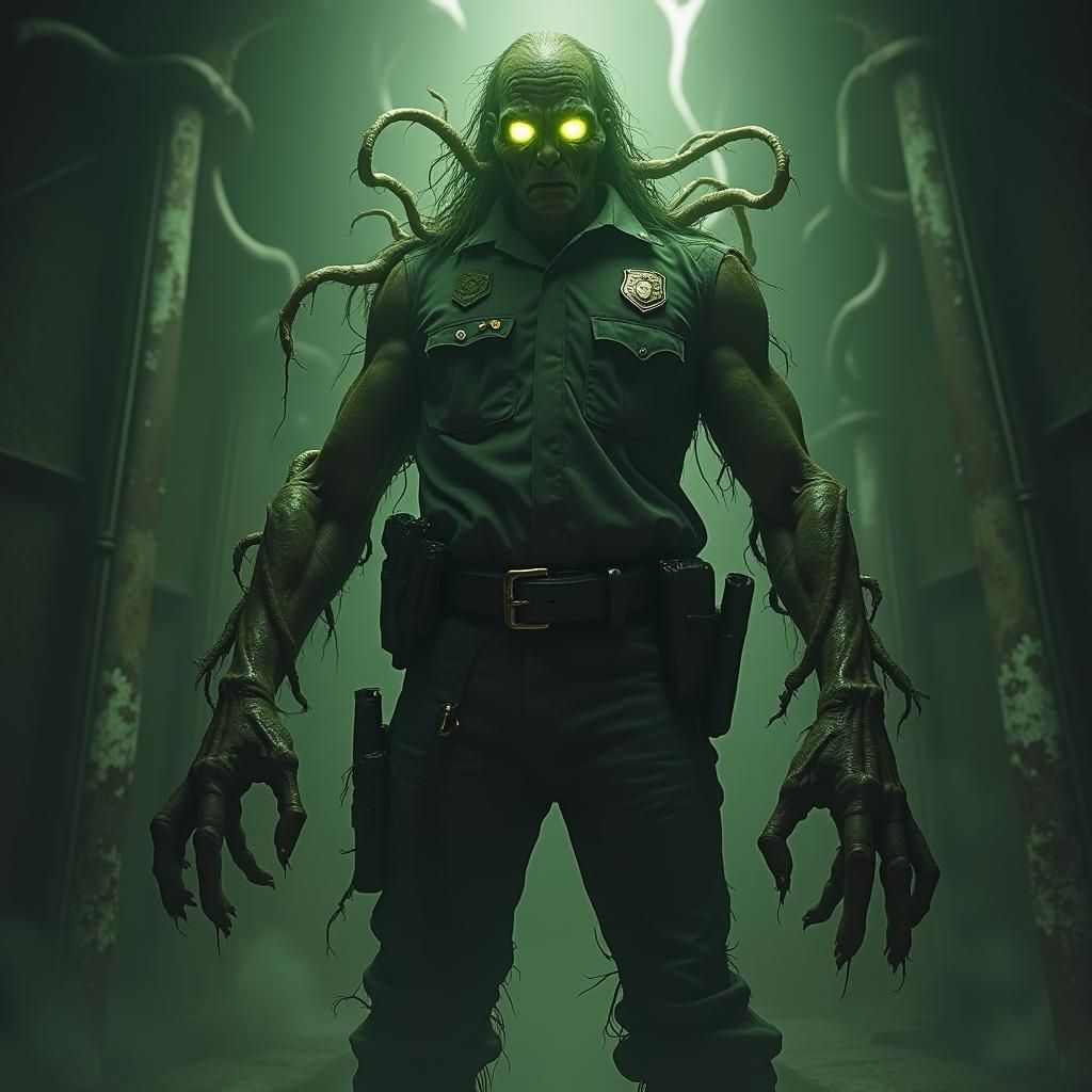 A grotesquely disfigured law enforcement officer, limbs elongated and distorted, skin a mass of bulbous growths and weep...