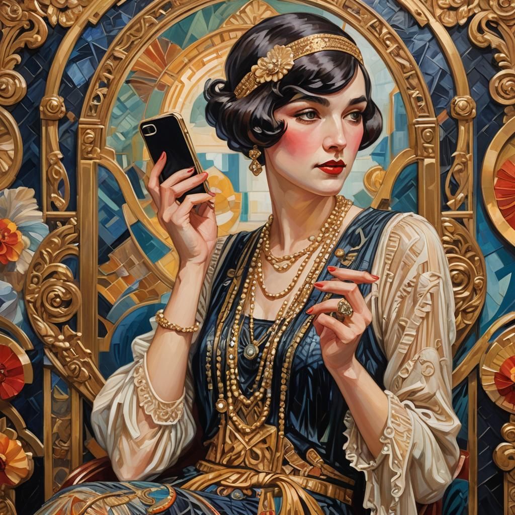 Flapper with iPhone in Neo-Impressionistic Style