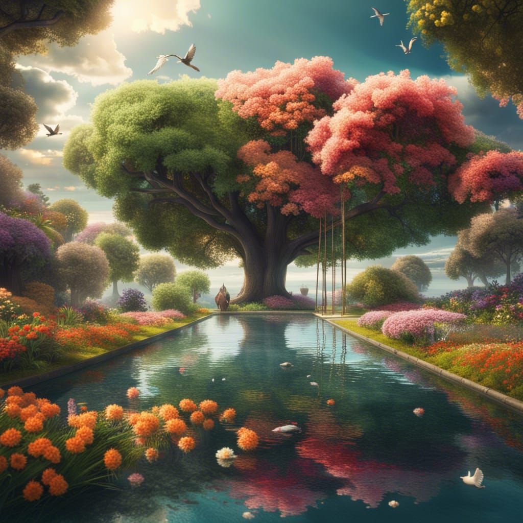 Lush Garden Scene in Maximalist Digital Painting