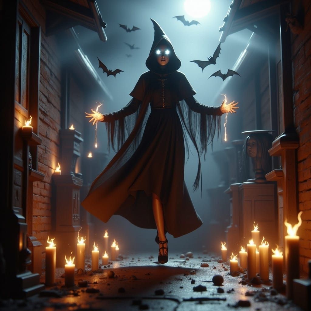 Eerie Levitation Scene with Glowing Eyes