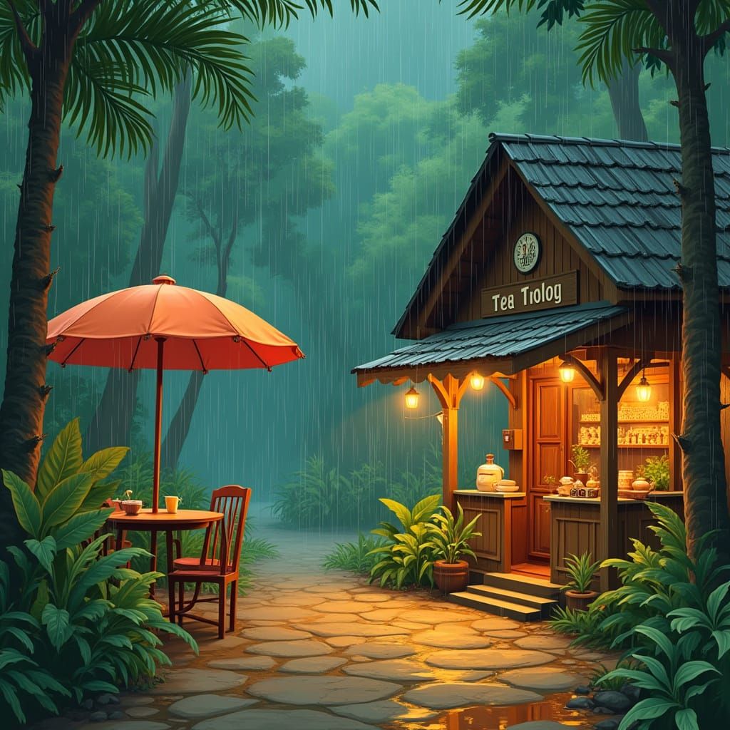 Vintage Kerala Cinema Style Illustration of a Charming Rainy...