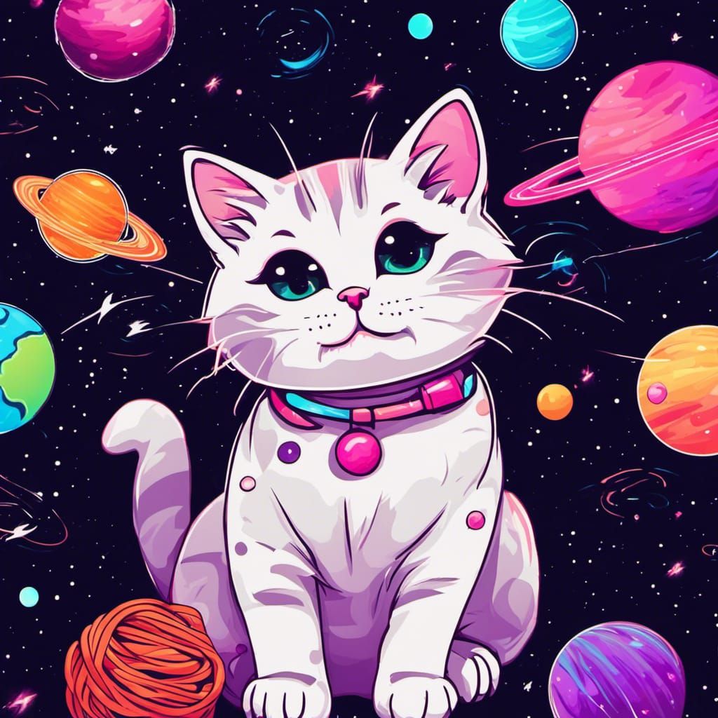 Cute Neon Space Kitty with Yarn Planets