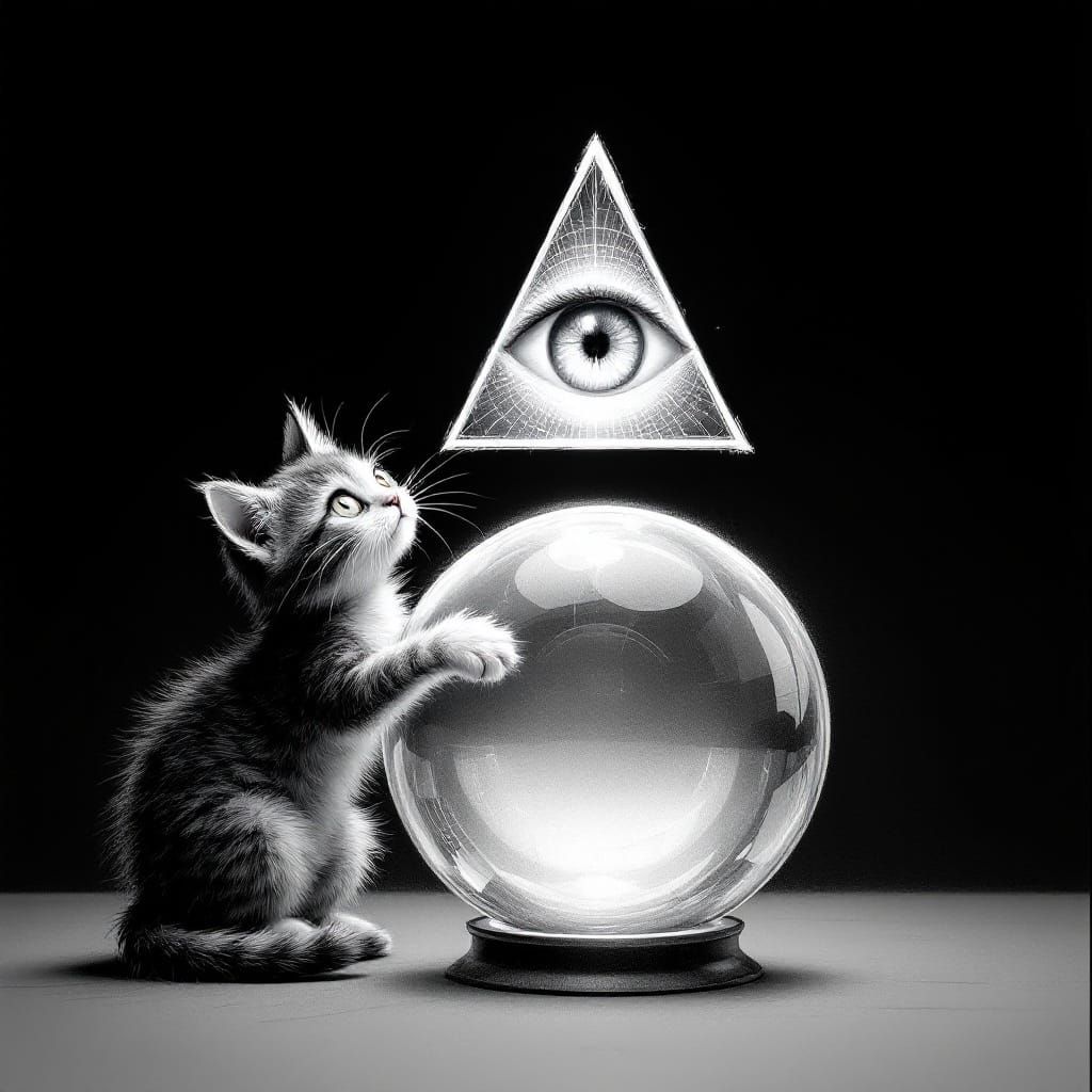 Whimsical Escher-Inspired Pencil Sketch of Cat and Glowing D...