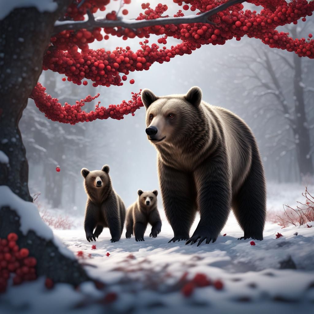 Bear Family Foraging in Winter Snow, Detailed Matte Painting