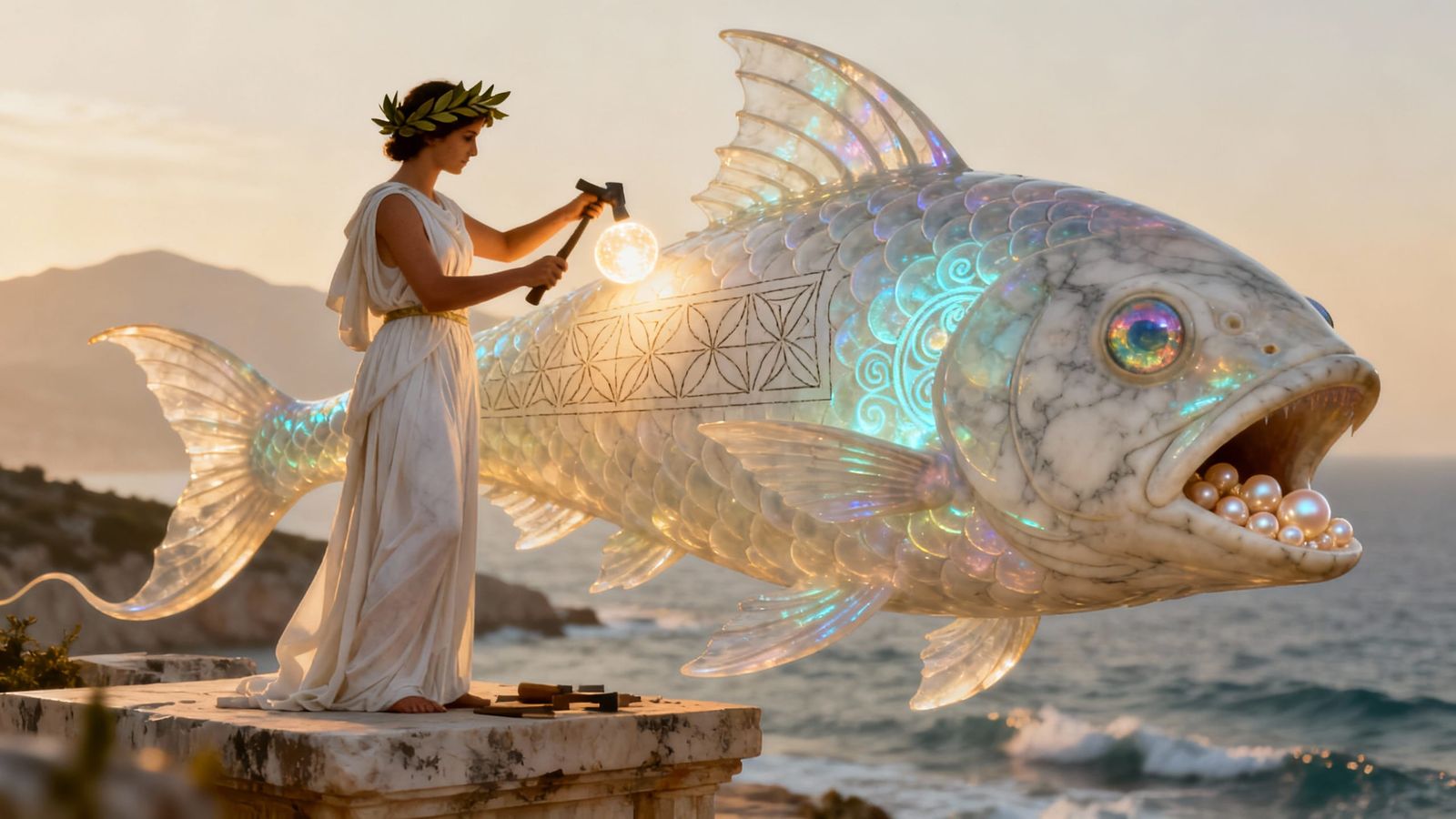Ancient Greek Woman Builds Surreal Floating Fish, Photoreali...