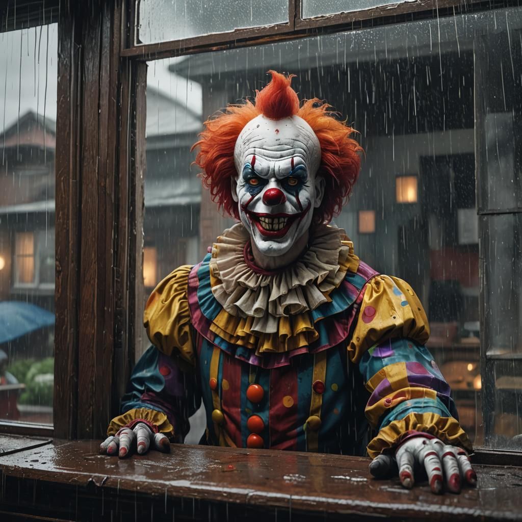 Eerie Clown Watching House Window at Night
