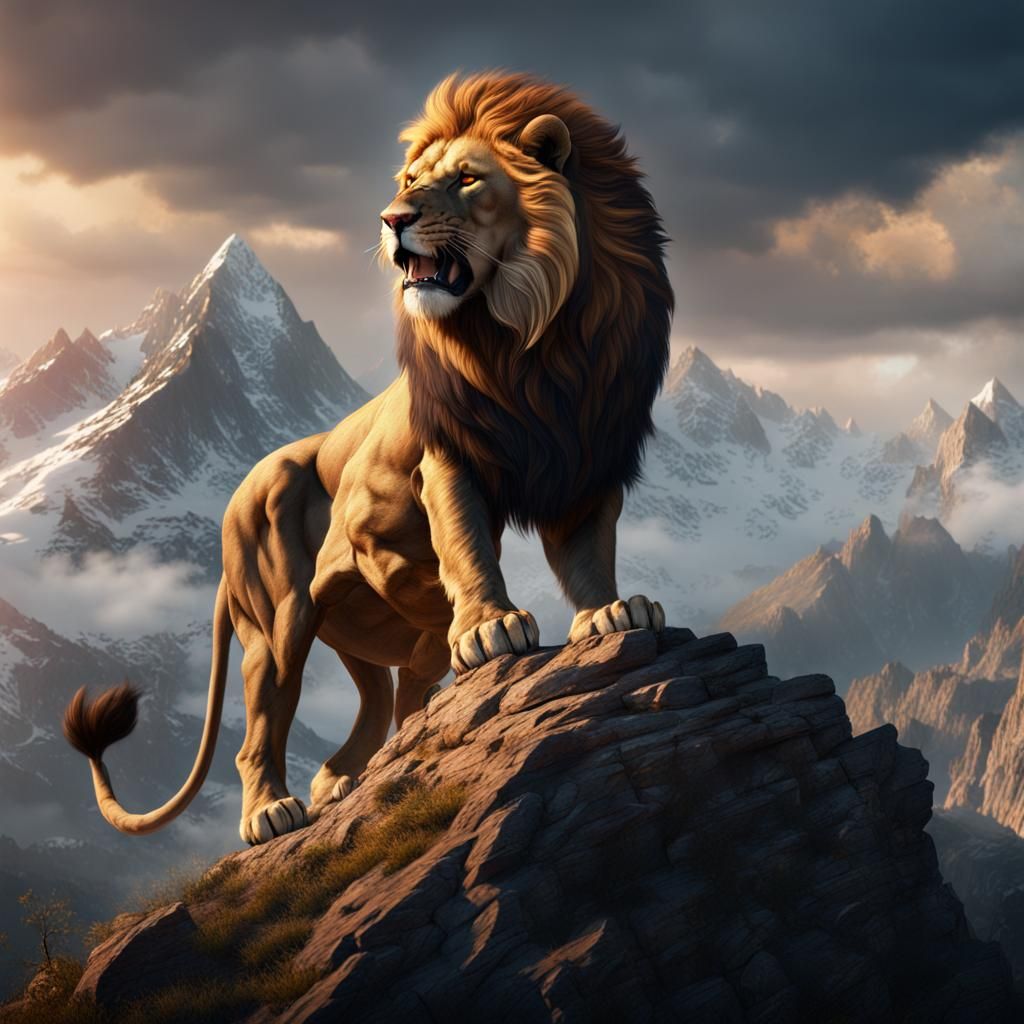 Roaring Lion on Mountain Top in Detailed Matte Painting