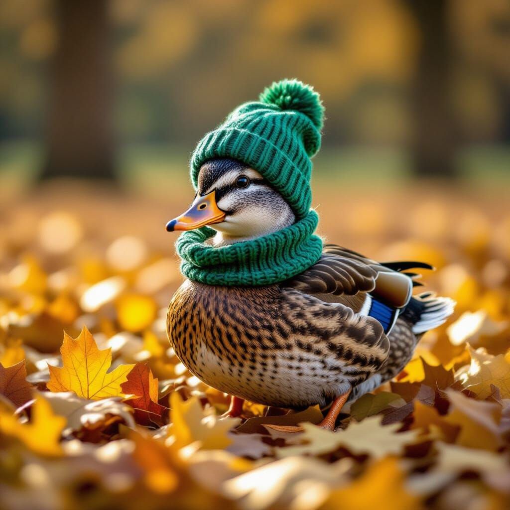 Duck in Winter Hat on Autumn Leaf, Golden Hour Light