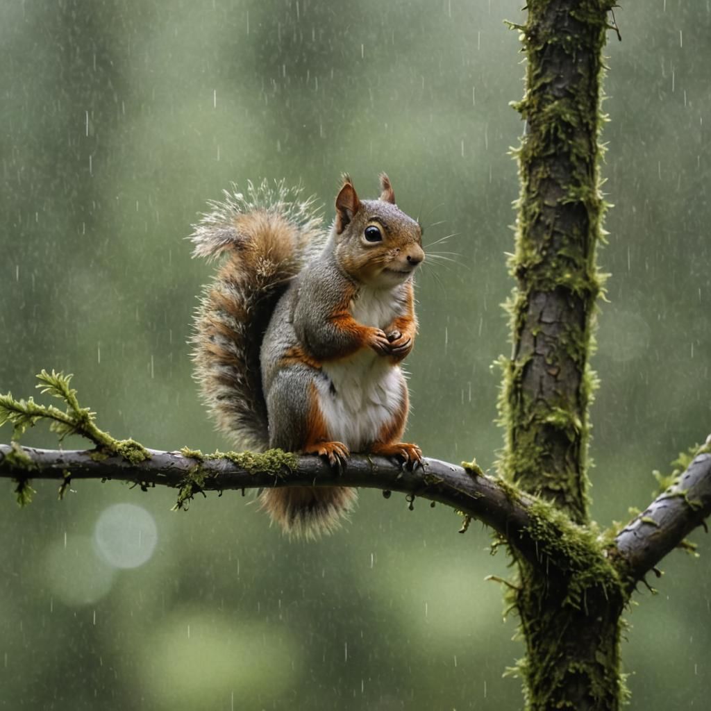 Squirrel in Mossy Forest During Soft Rain