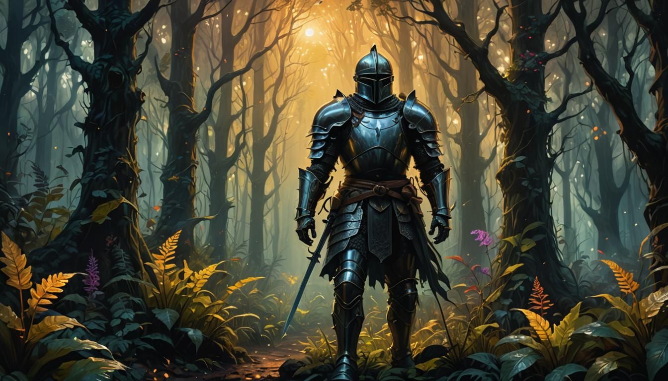 Knight in Eerie Forest: Vivid Oil Painting