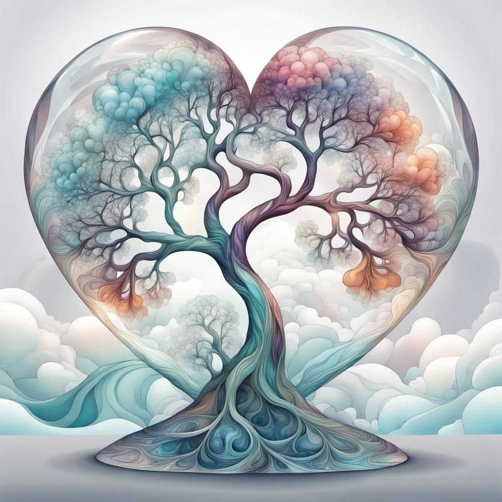 Crystal Heart-Tree Above the Clouds: Art Nouveau Ink Art