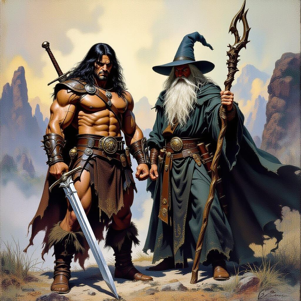 Conan and Gandalf in Mystical Landscape