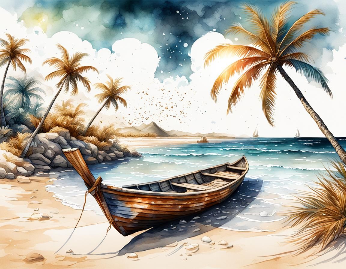 Paradise Beach Illustration in Watercolor and Ink