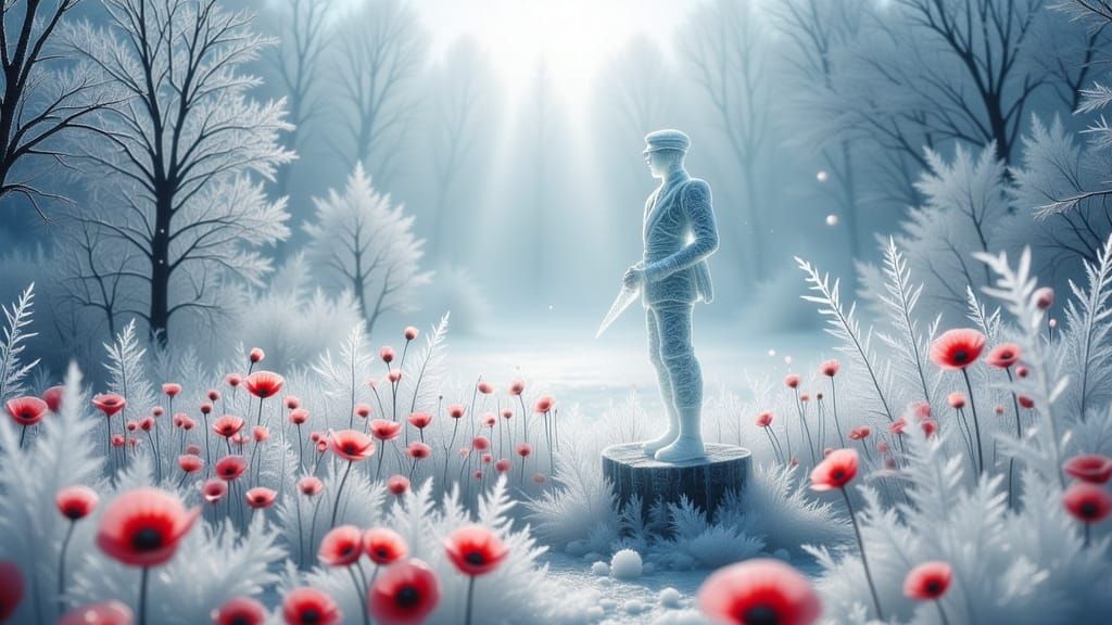 Ethereal Ice Soldier Guarding Frosted Poppies