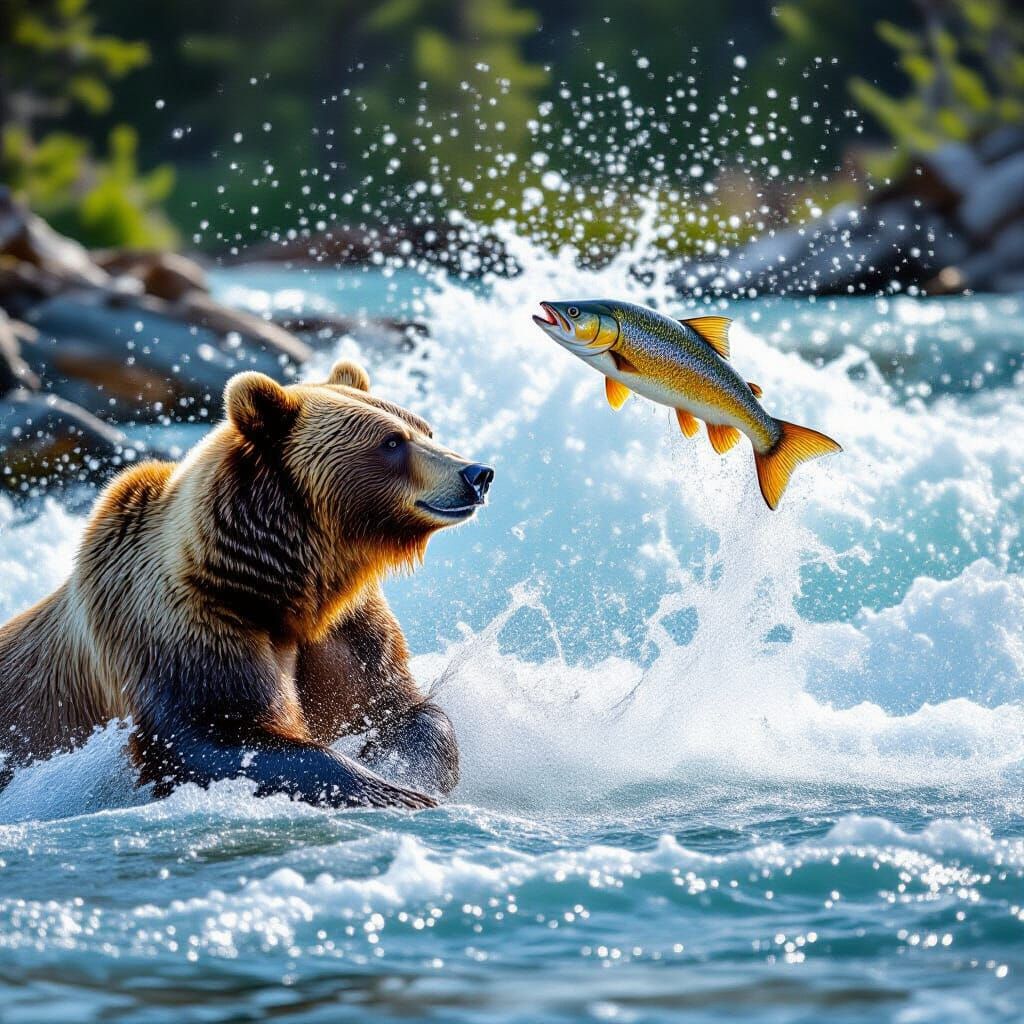 Grizzly Bear Hunting Salmon in Rushing River