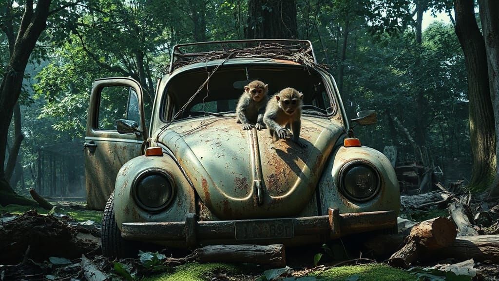 Hyperrealistic Abandoned Volkswagen Beetle in Jungle Decay